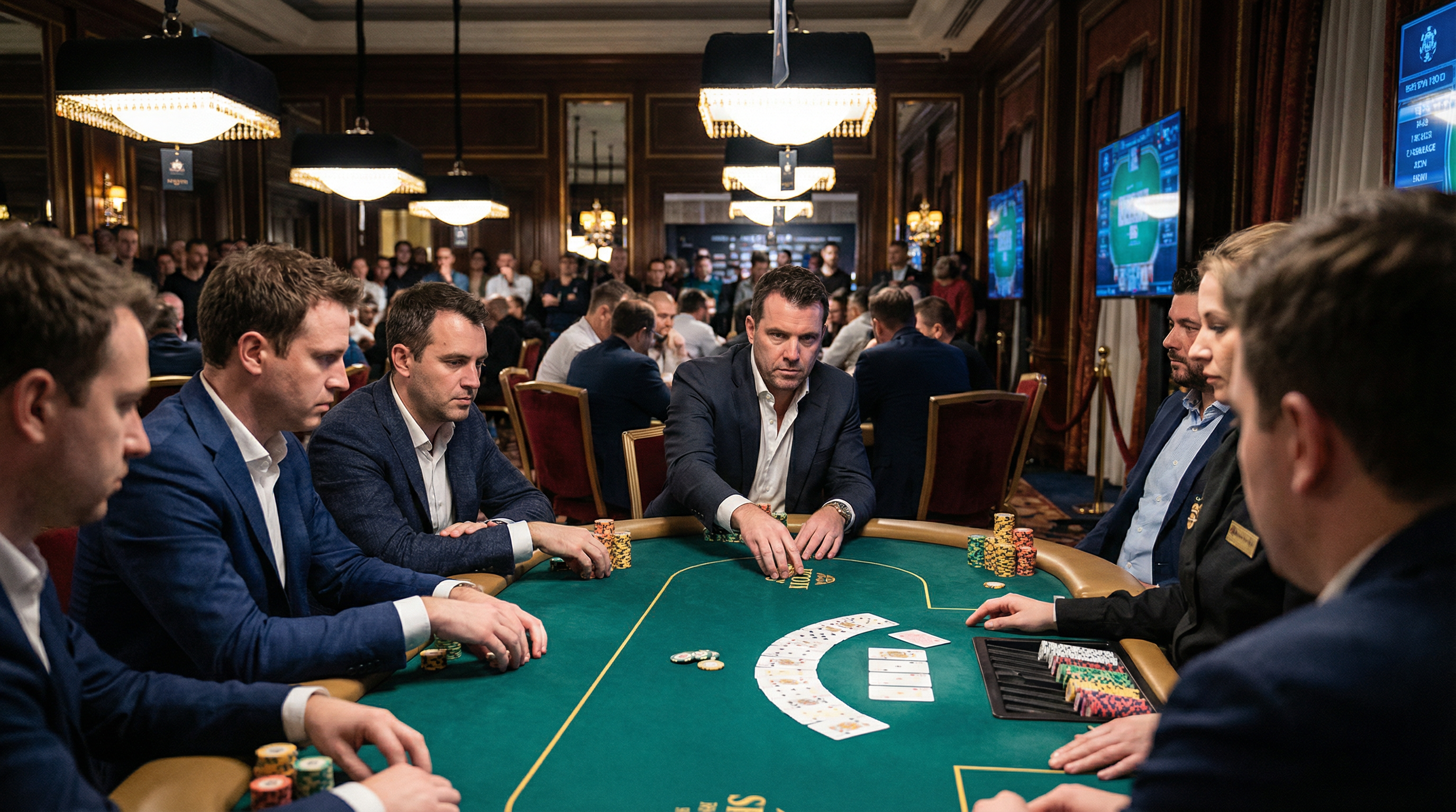 德州扑克锦标赛现场激烈对决场景